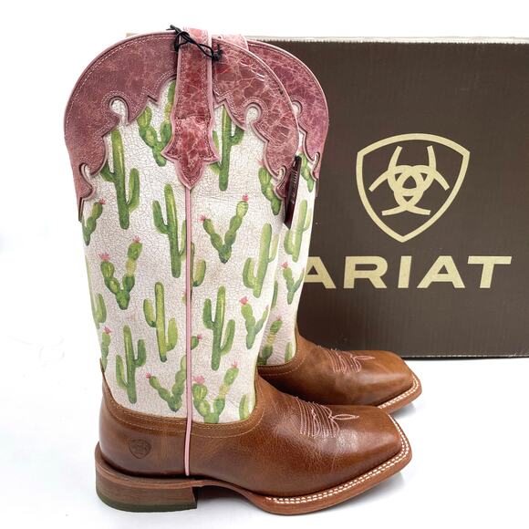 Ariat Shoes - Ariat Fonda Western Boots Cactus Print Brown Leather Square Toe Sz 38 / 7.5